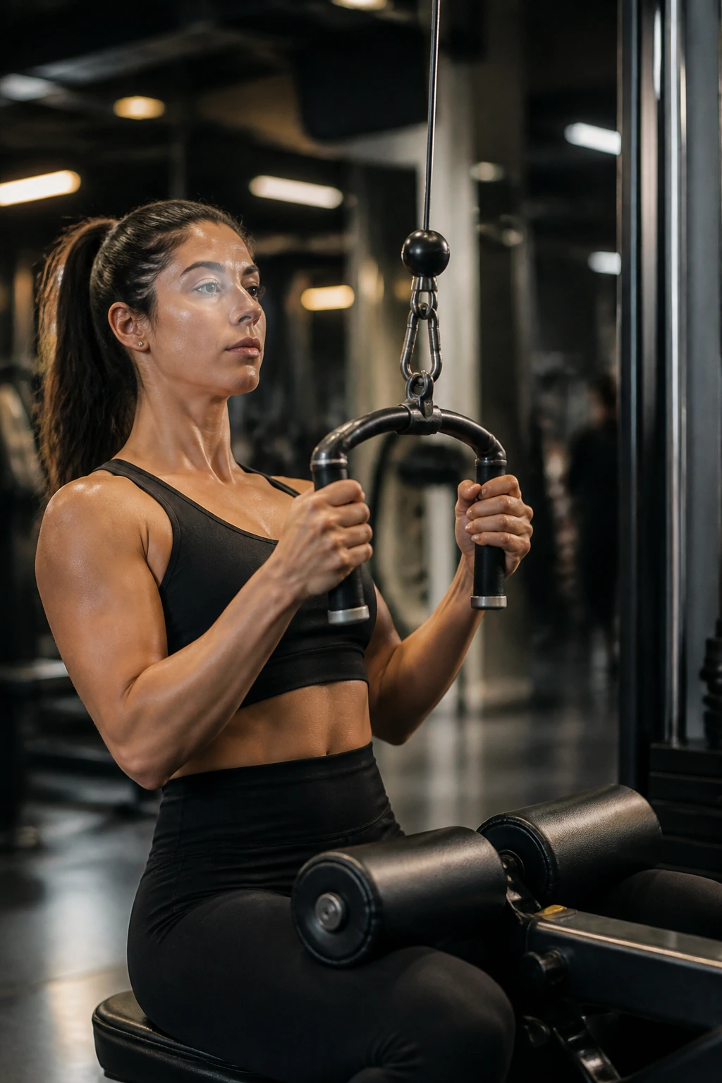 Woman performing neutral-grip lat pulldown in gym