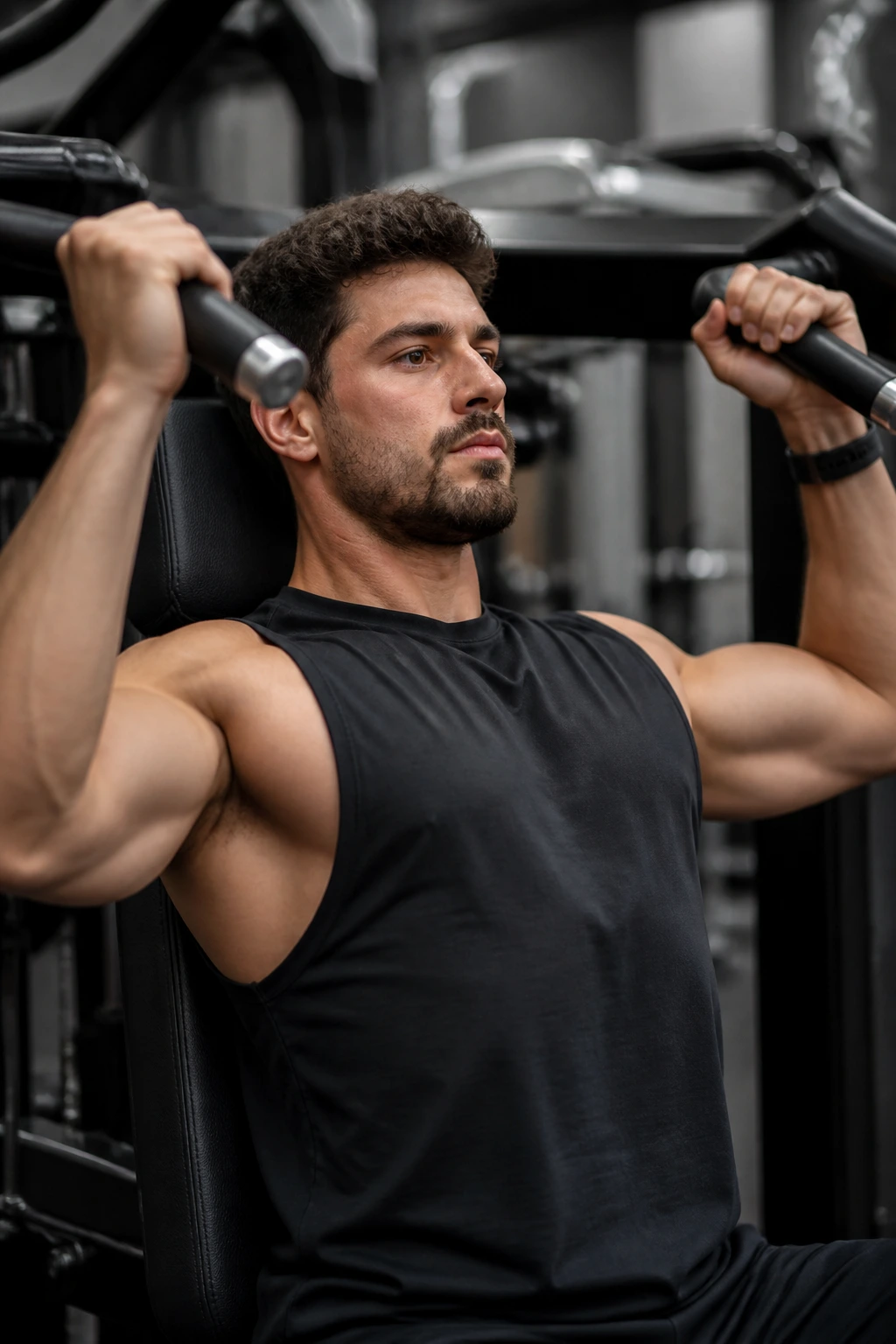 Real lifter using neutral-grip shoulder press machine in a gym.