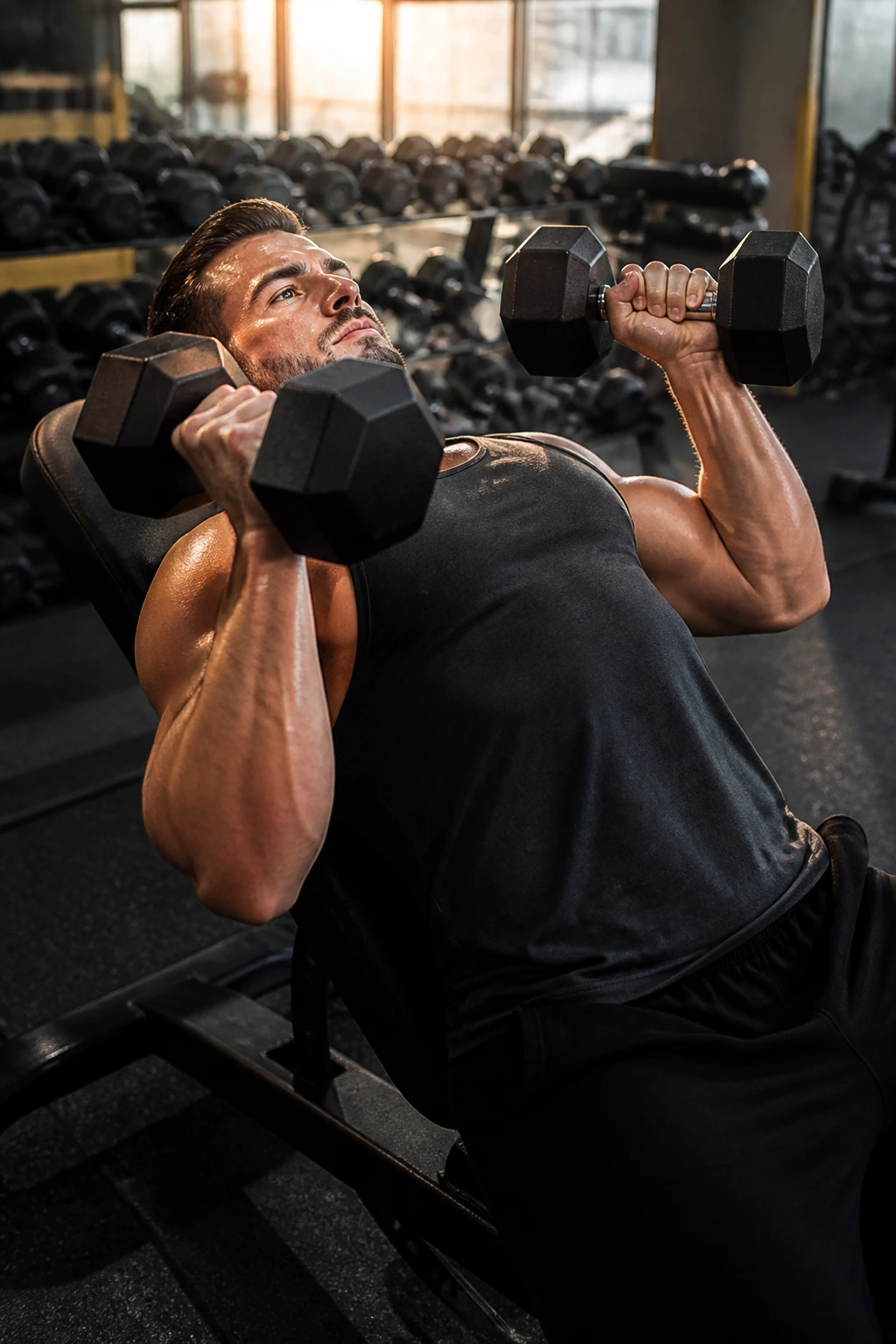 Close-up of lifter performing neutral-grip dumbbell press