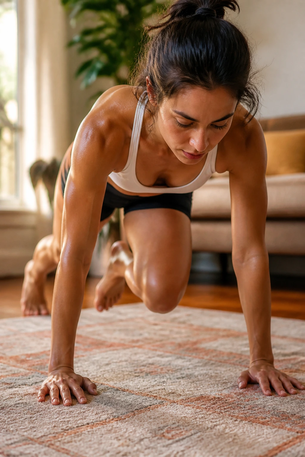 Close-up of a real woman performing a bodyweight circuit on a living room floor