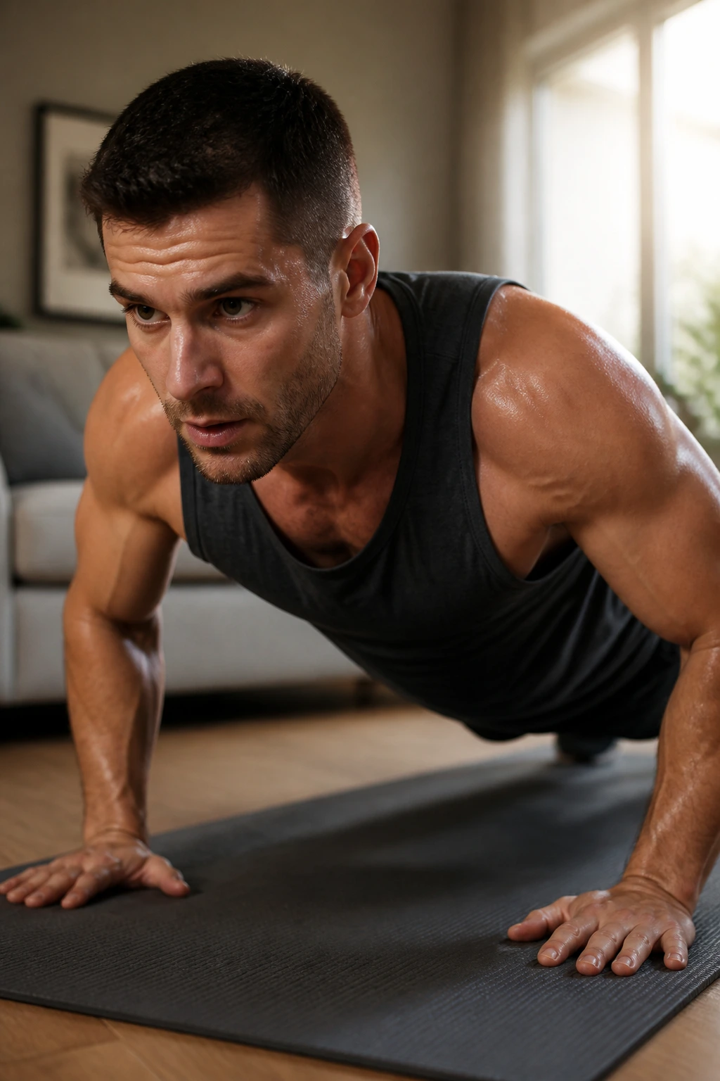 Close-up of a person performing a bodyweight exercise on a mat at home