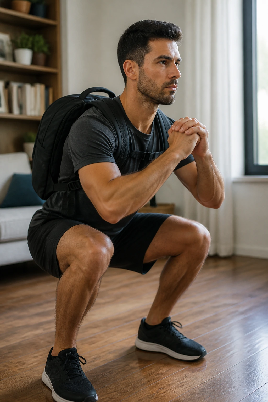 Person squatting with backpack in a home setting for no-gym circuit