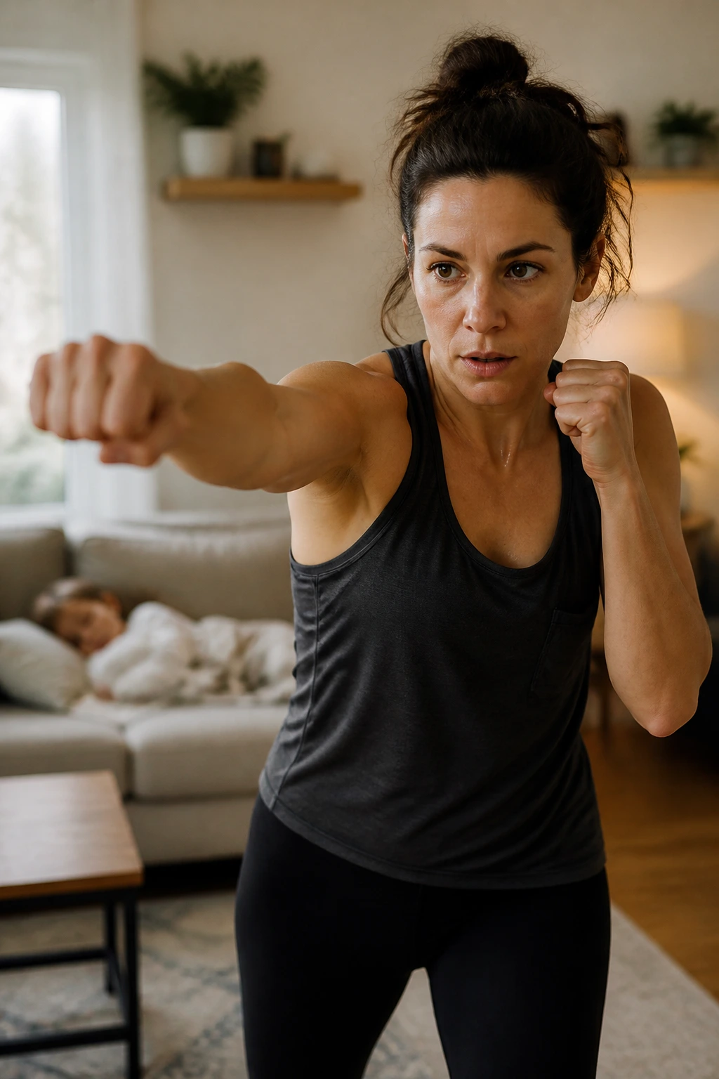 Mom performing quiet cardio in living room with sleeping child in background