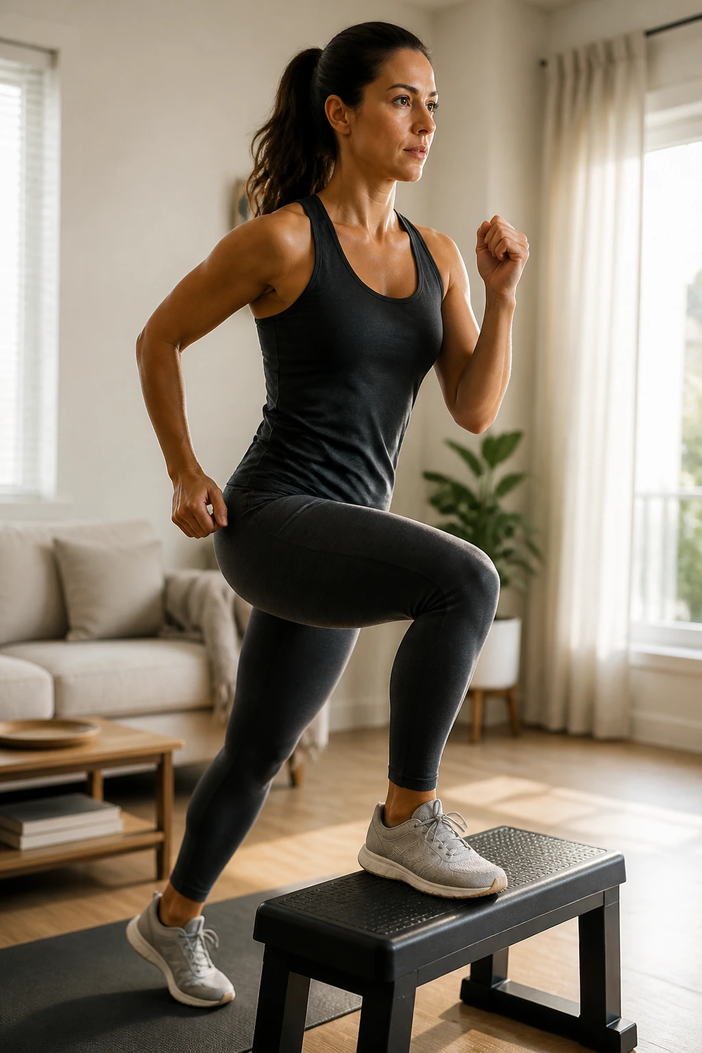 Woman performing no-jump cardio step-ups on a bench
