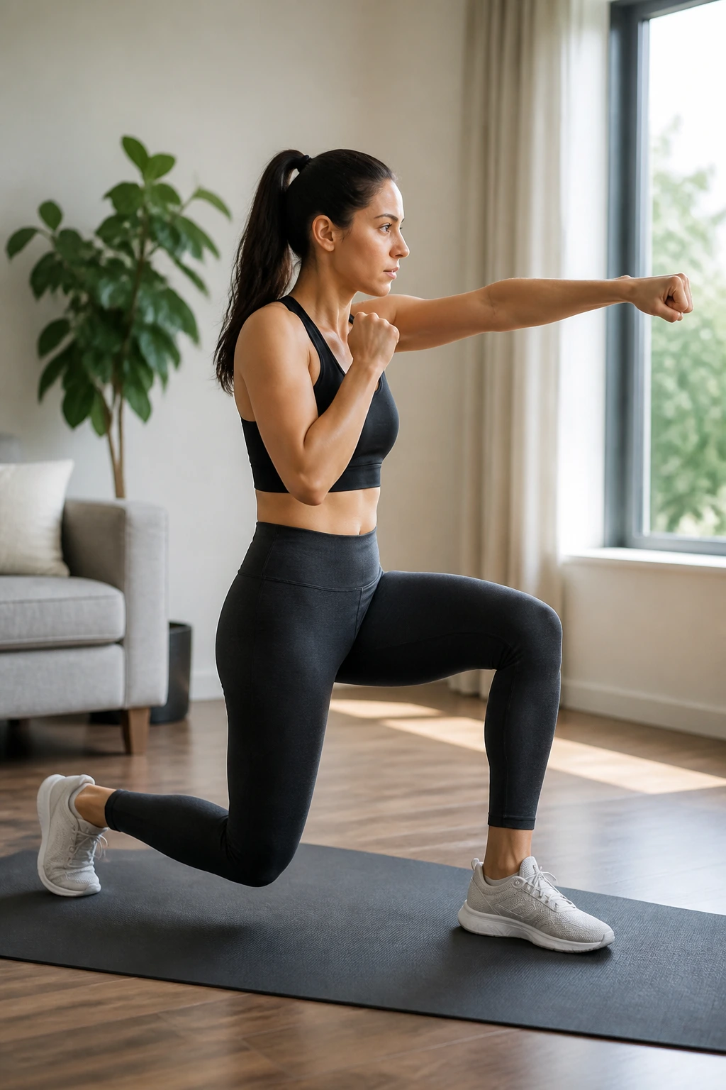 Real person performing a no-jump interval lunge and punch in a living room.