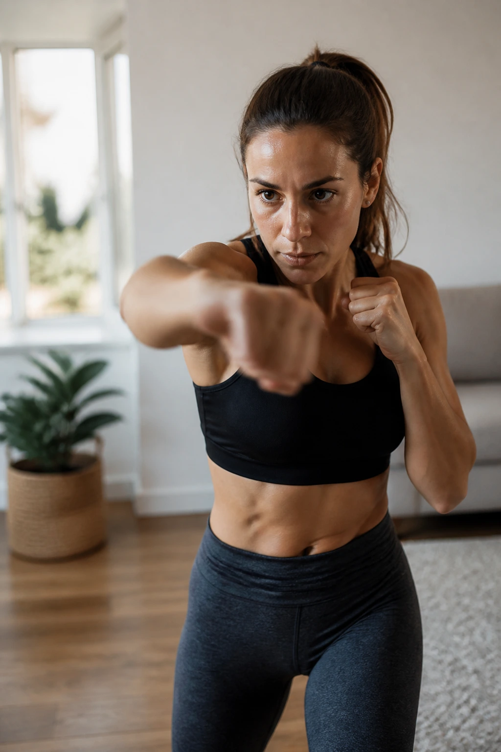 Shadow boxing in a small home living room for a 16-minute cardio finisher, fast fists and focused expression