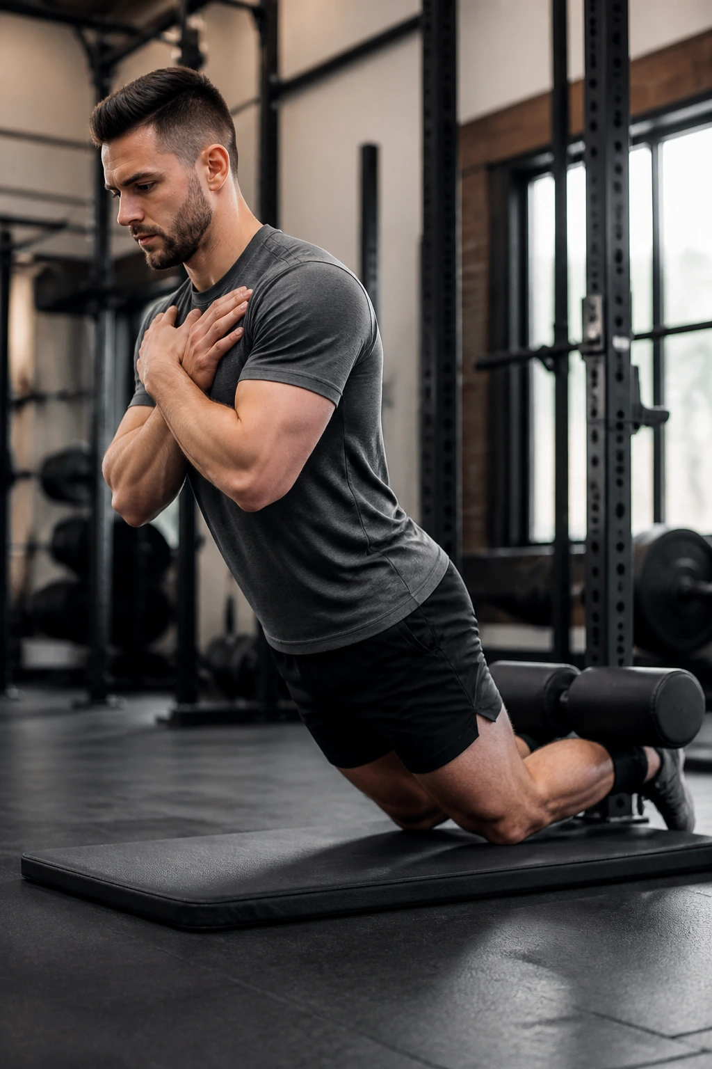 Kneeling person performing a Nordic curl with hamstrings engaged.