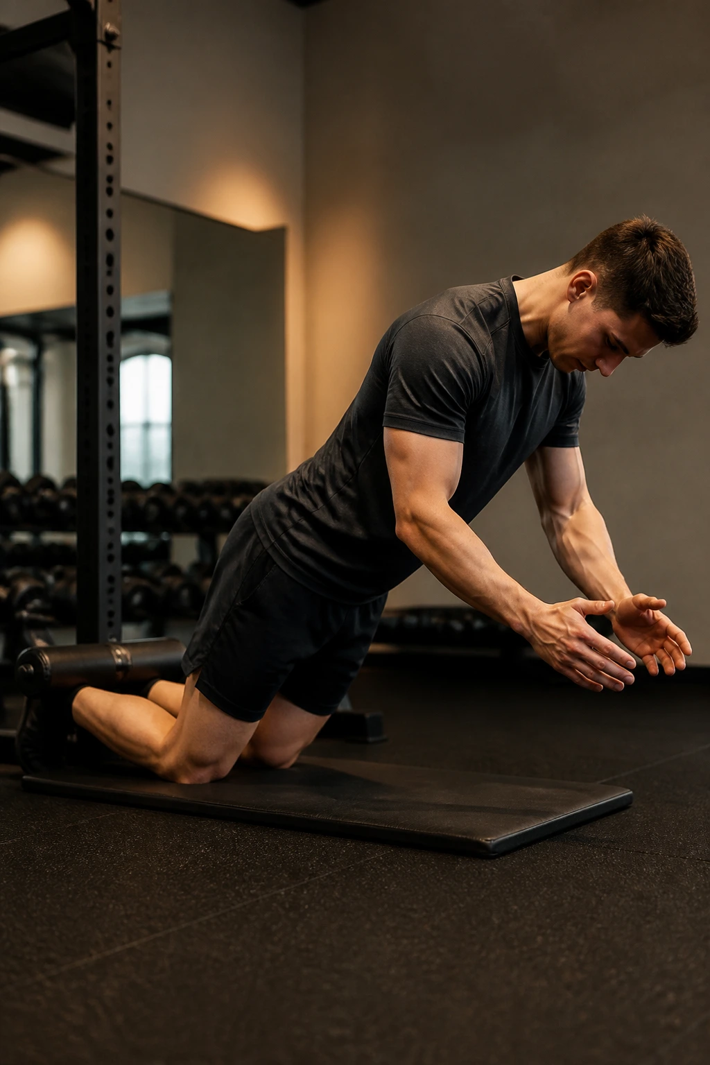 Back view of a real person kneeling on a mat performing Nordic hamstring curls with straight body line