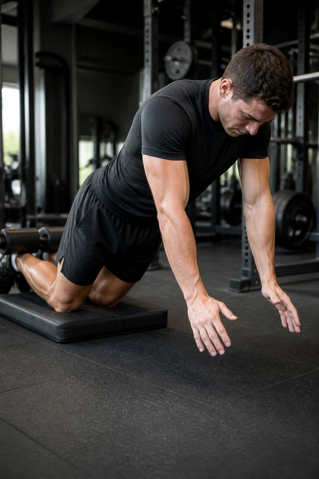 Close-up of a real person performing Nordic hamstring curl, knees anchored, torso forward, hamstrings engaged.