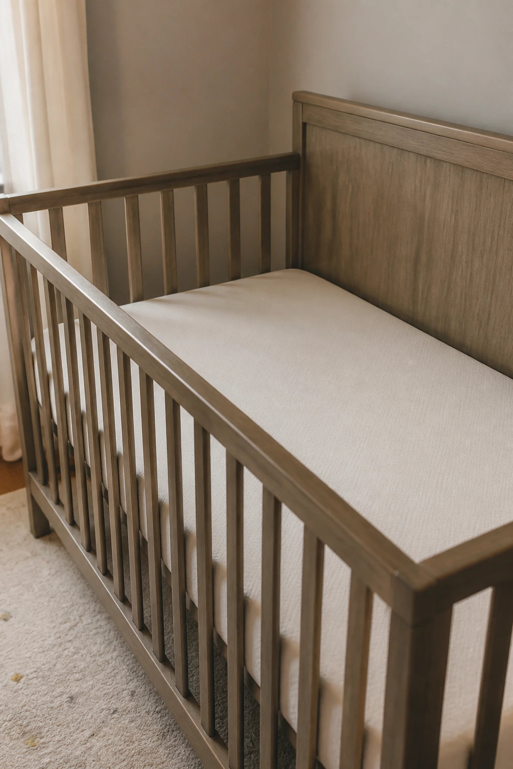 Crib in softly lit nursery with safe sleep setup