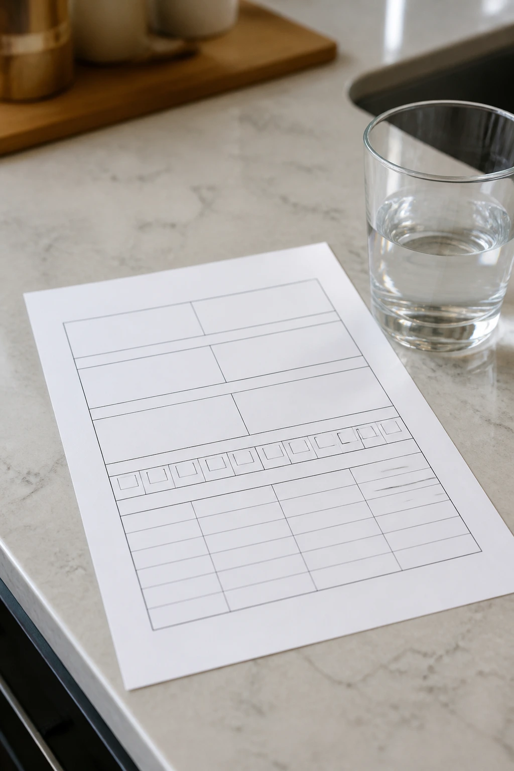 Close-up of a nutrition log page with meal and hydration boxes in a kitchen