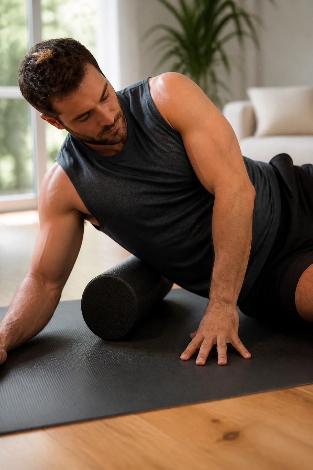 Side-lying with foam roller under ribcage to target obliques