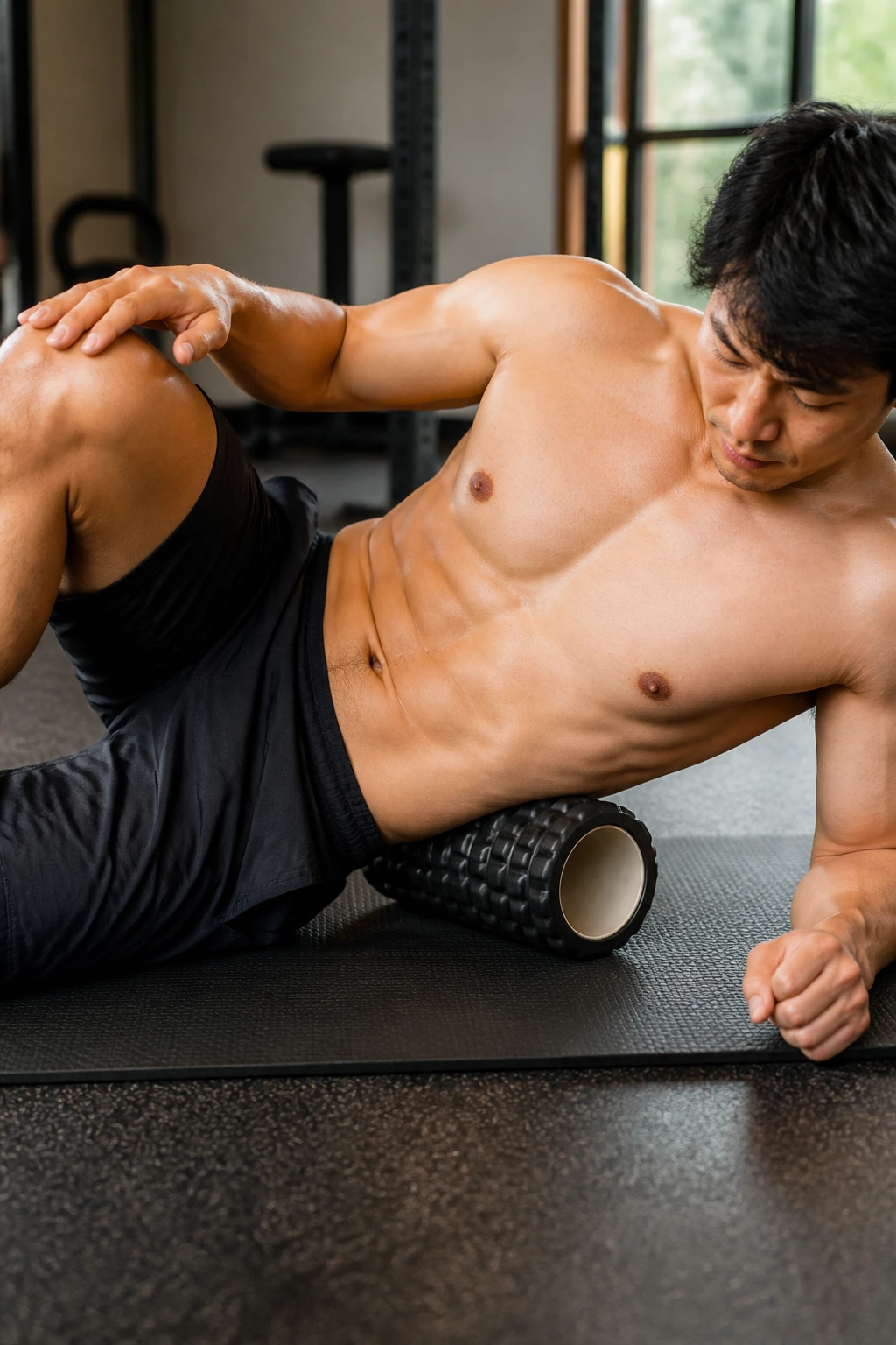 Close-up side view of a person foam rolling the obliques between rib cage and hip