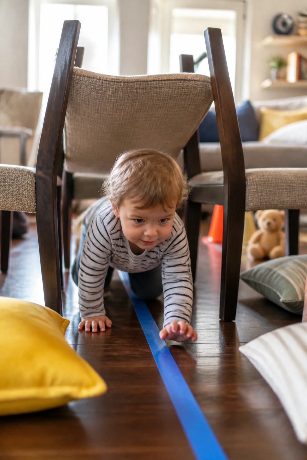 Toddler navigating a DIY obstacle course in a living room