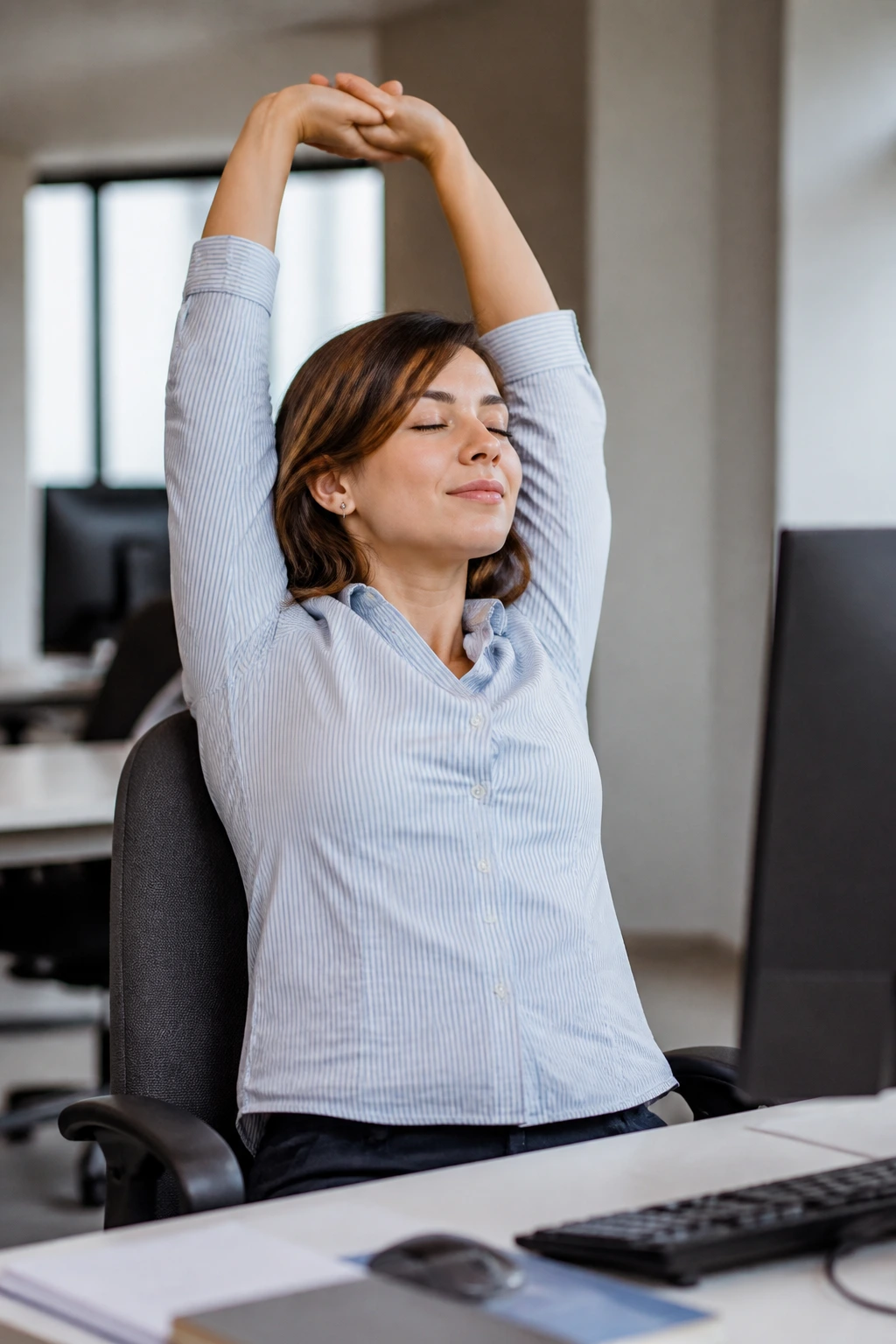 Seated person at a desk performing an office break routine.