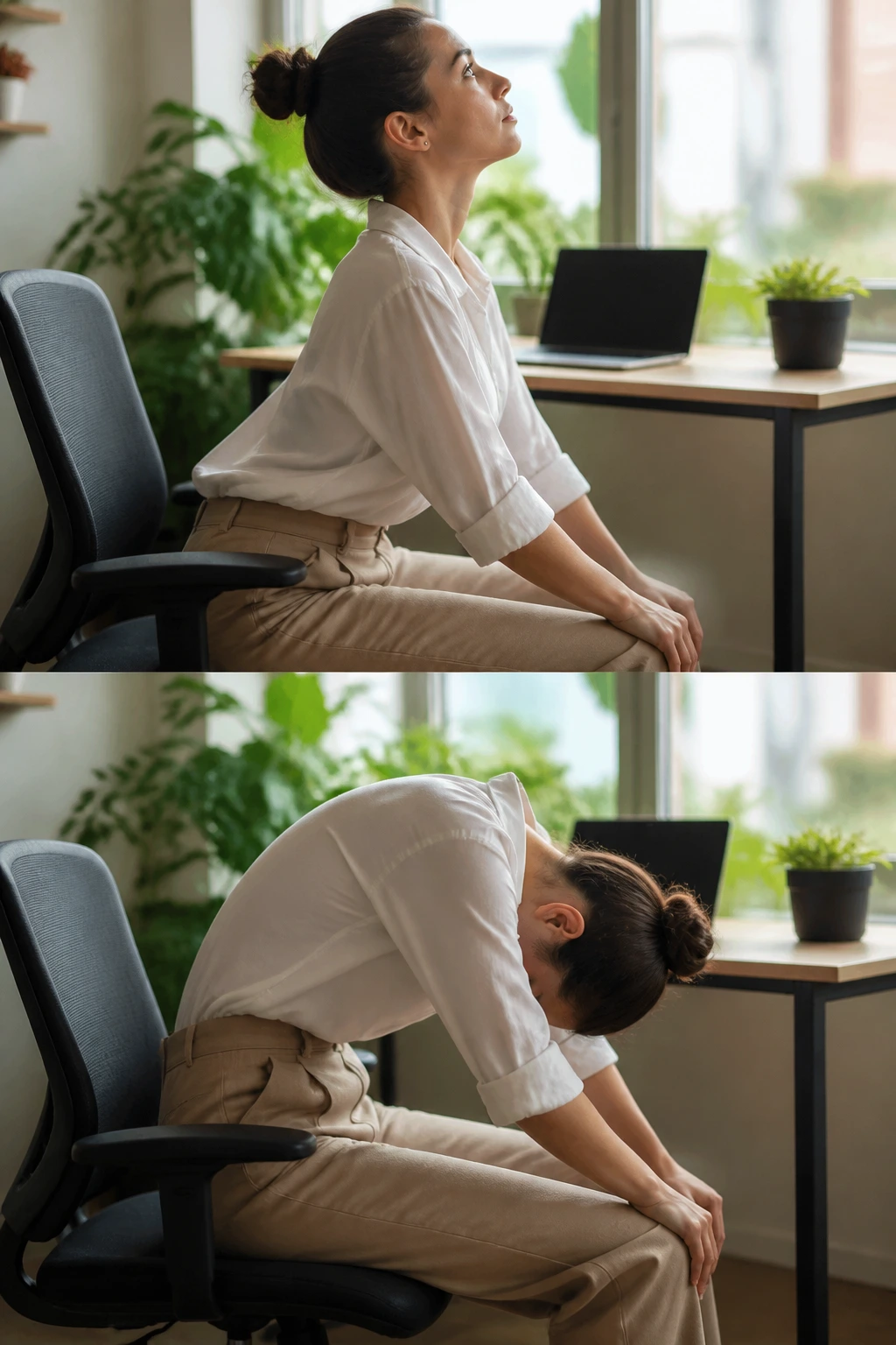 Real person in an office chair performing Cat-Cow stretch