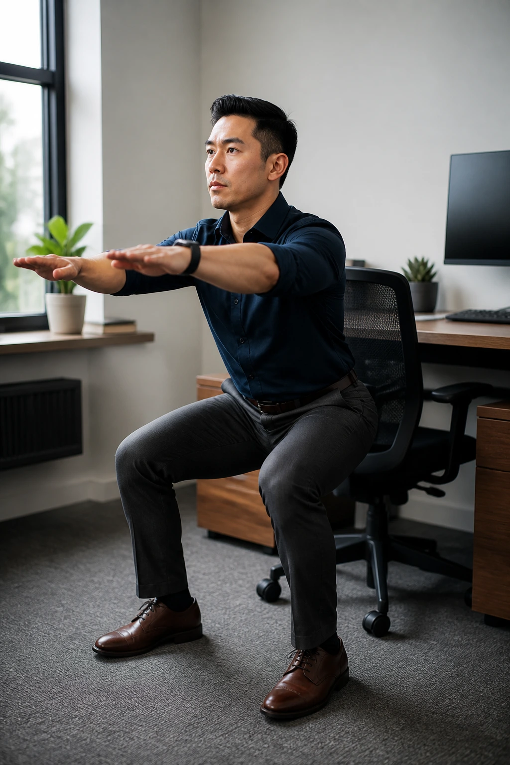 Real person performing chair squat as part of a five-minute office circuit