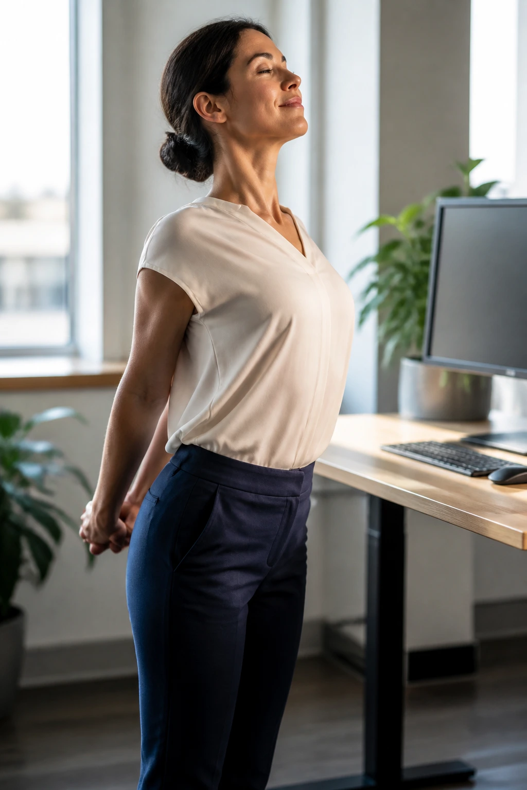 Medium close-up of a person performing Standing Desk Chest Opener at a desk in an office