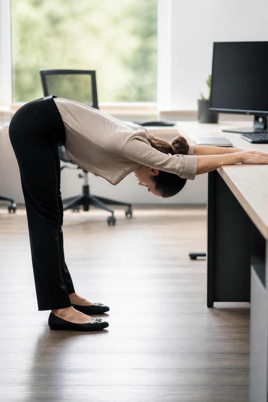 Real person doing Standing Forward Fold with Desk Support at an office desk