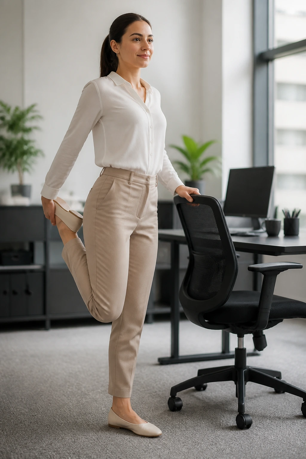 Person performing standing quad stretch by chair in an office
