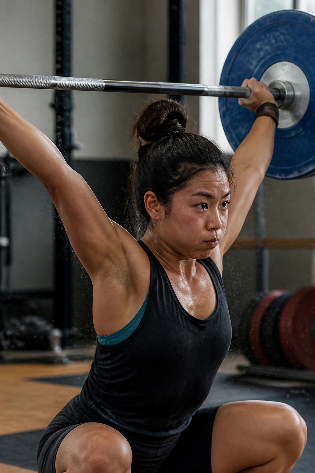 Close-up of lifter performing a snatch catch with bar overhead in a gym.