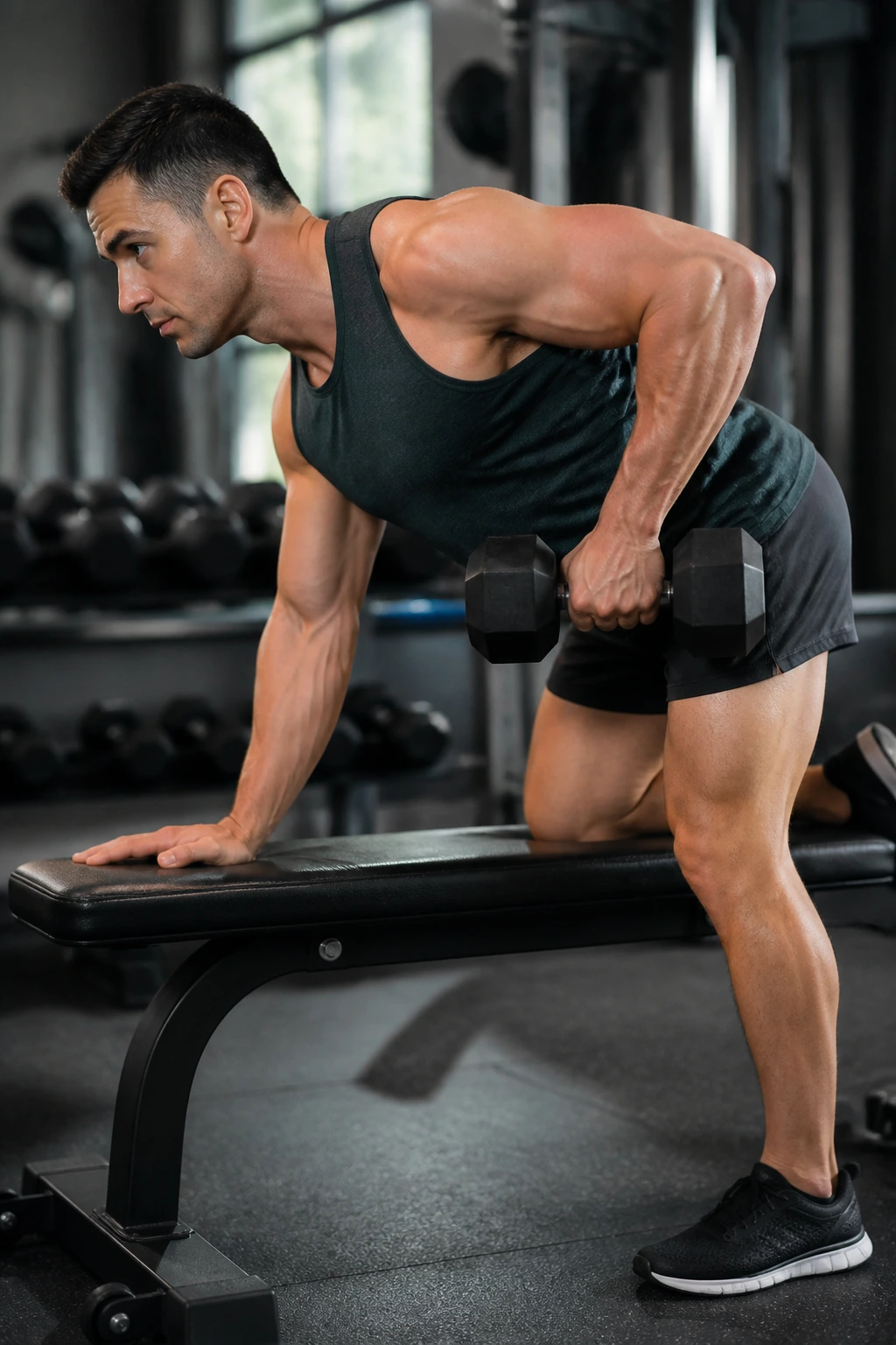 Portrait of a person doing a one-arm dumbbell row with back engaged
