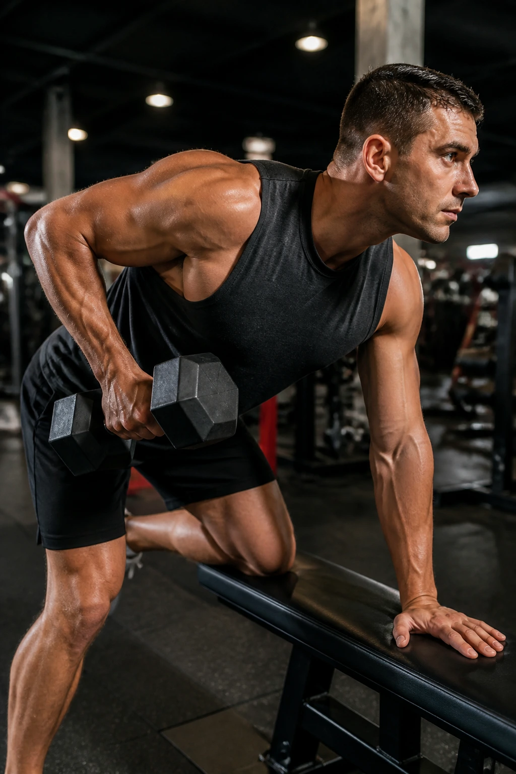 One-arm dumbbell row close-up with straight spine