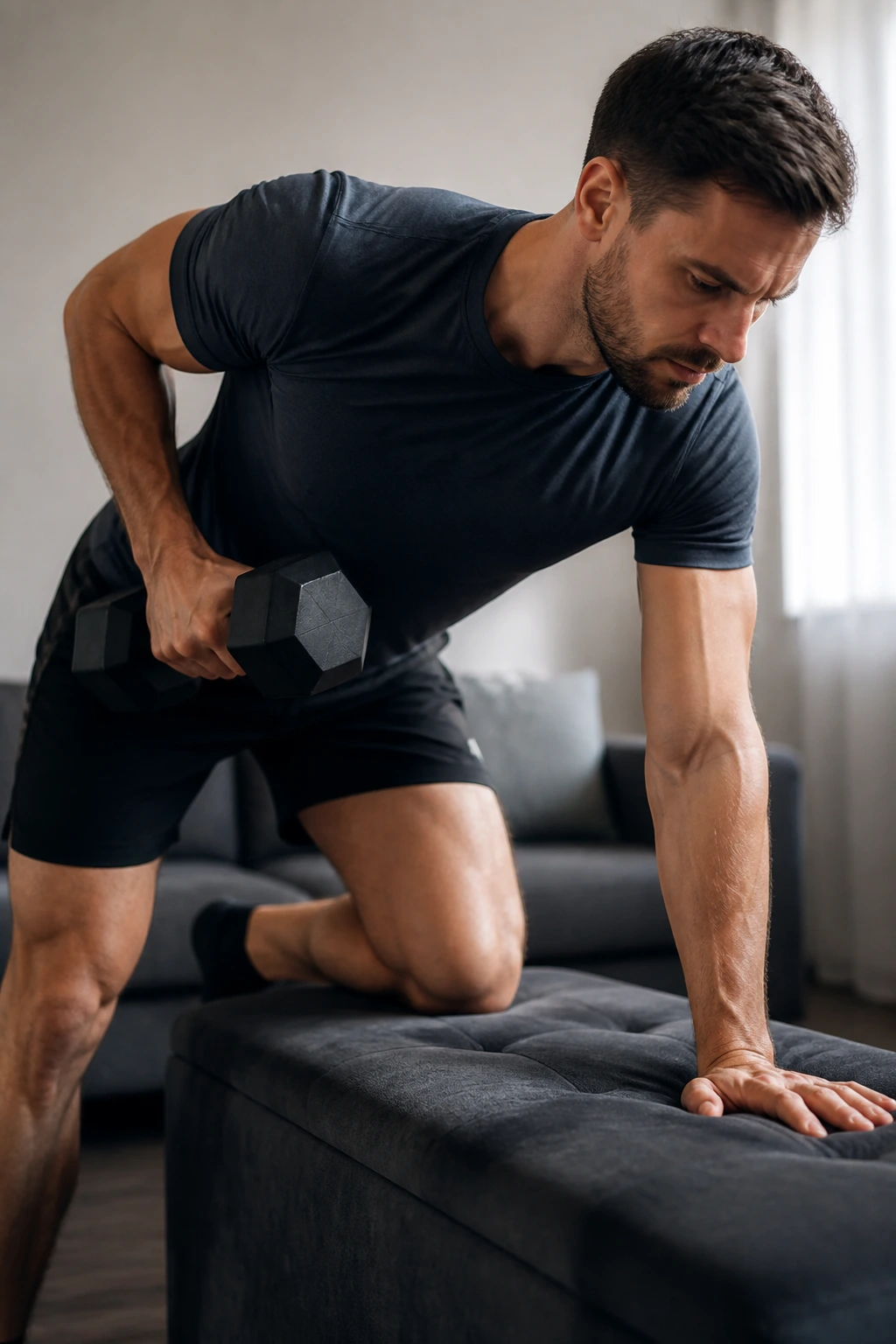 Medium-close image of a person doing a one-arm dumbbell row with a supporting surface in a home.