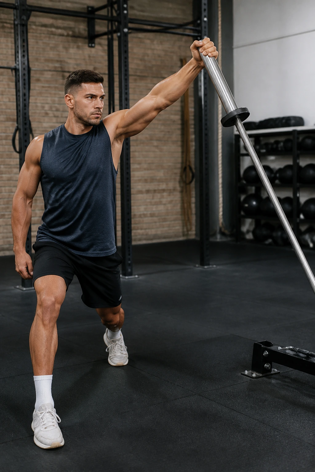 Person pressing one-arm landmine in a gym, torso angled with weight.
