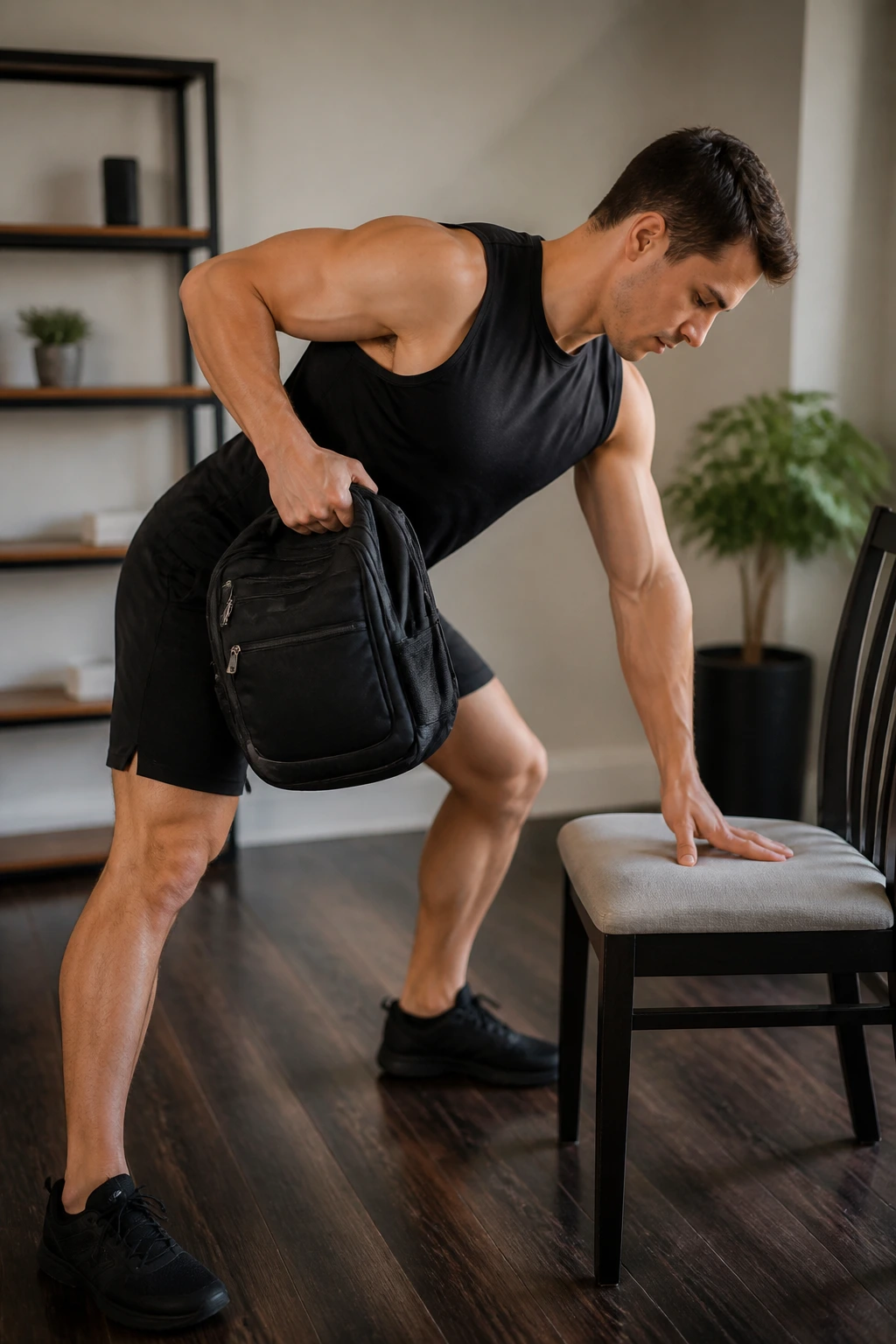 Person performing one-arm backpack row with support on chair