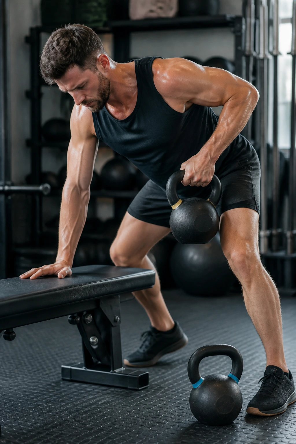 Person performing one-arm row with kettlebell and prep swing in gym
