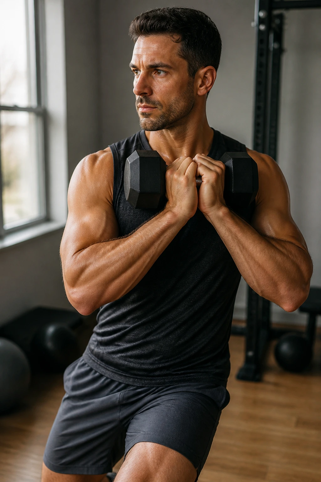 Close-up of a fit person using a single dumbbell for anti-rotation core work in a home gym
