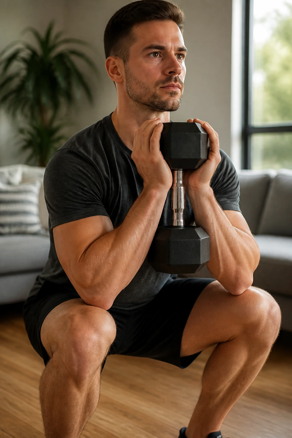 Person with dumbbell performing goblet squat in a home setting