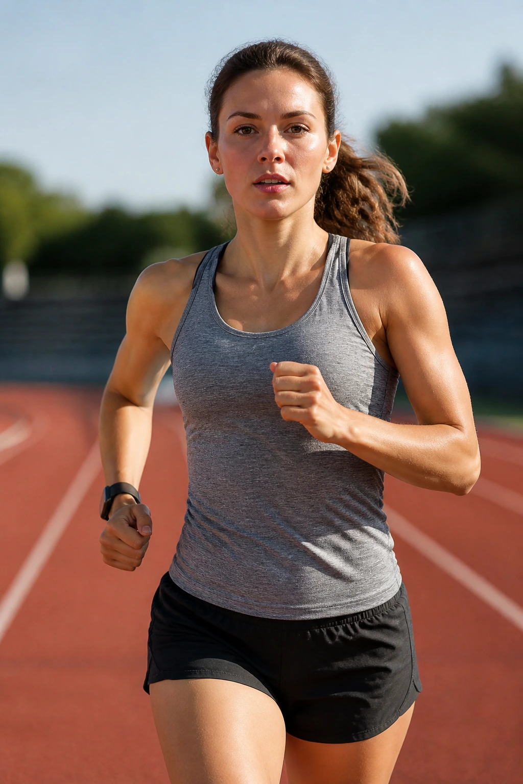 Real person jogging on a track with calm breathing