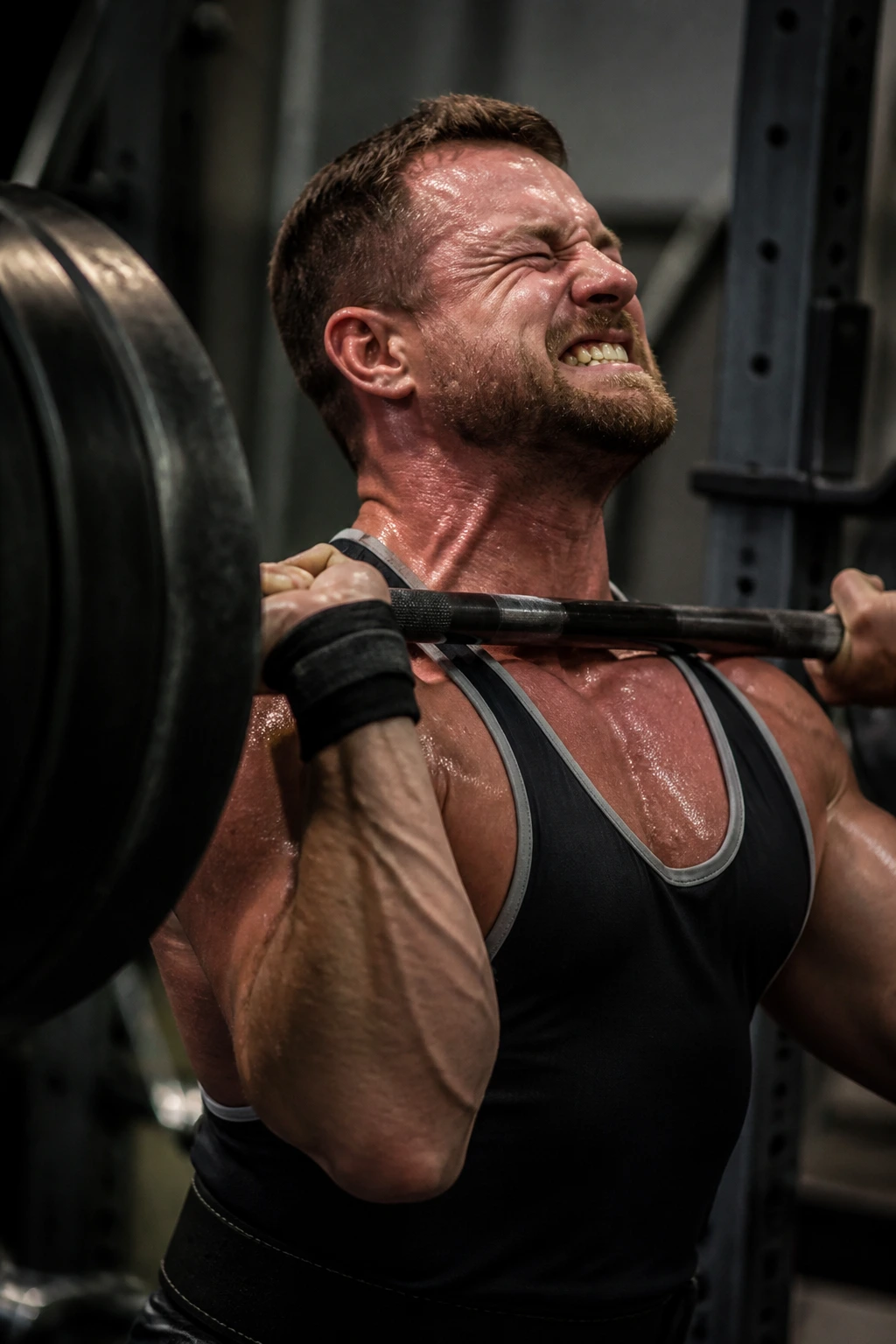 Lifter performing a one-rep max single lift with intense effort in gym