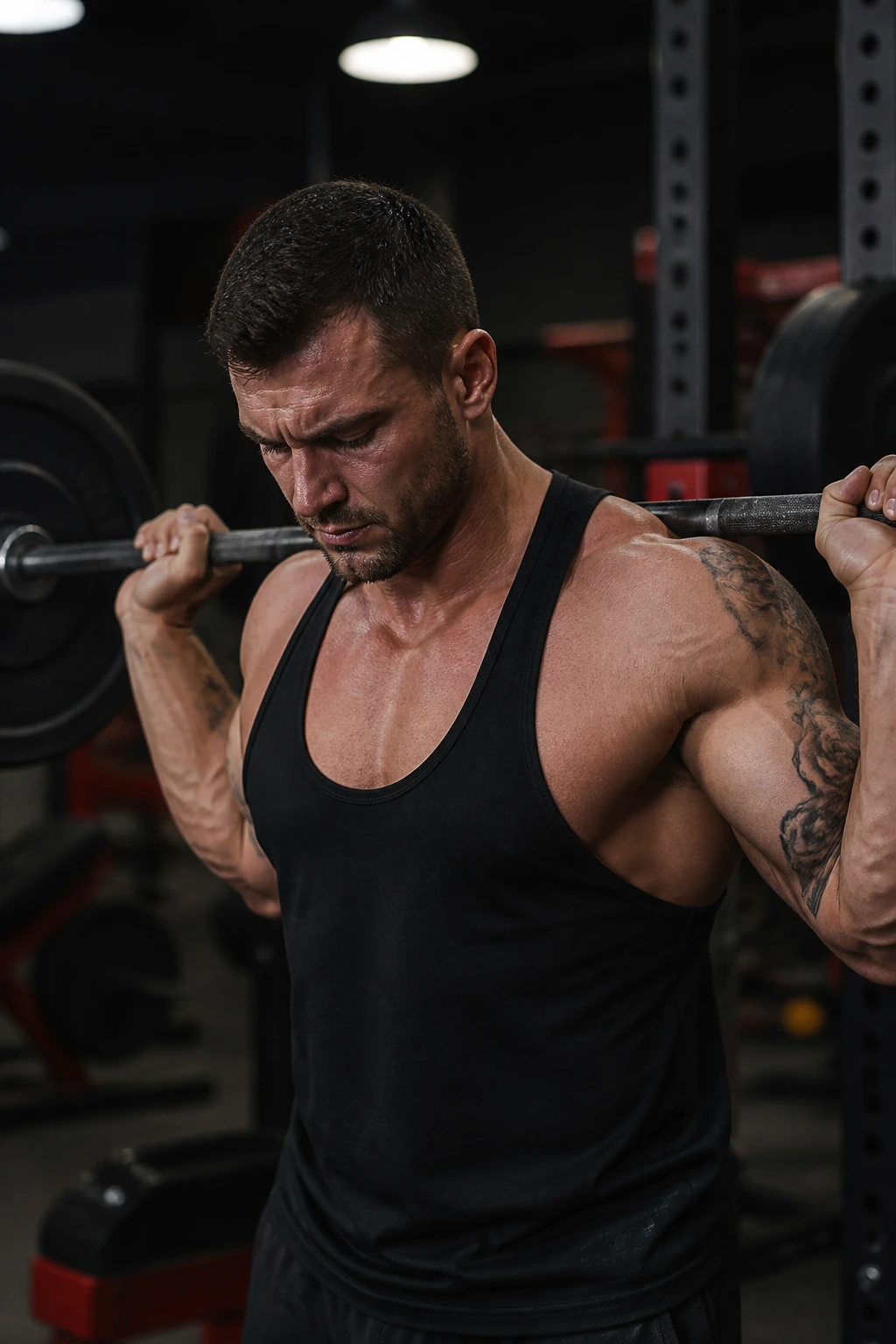 Medium close-up of a real lifter bracing before a maximal single rep lift in a gym
