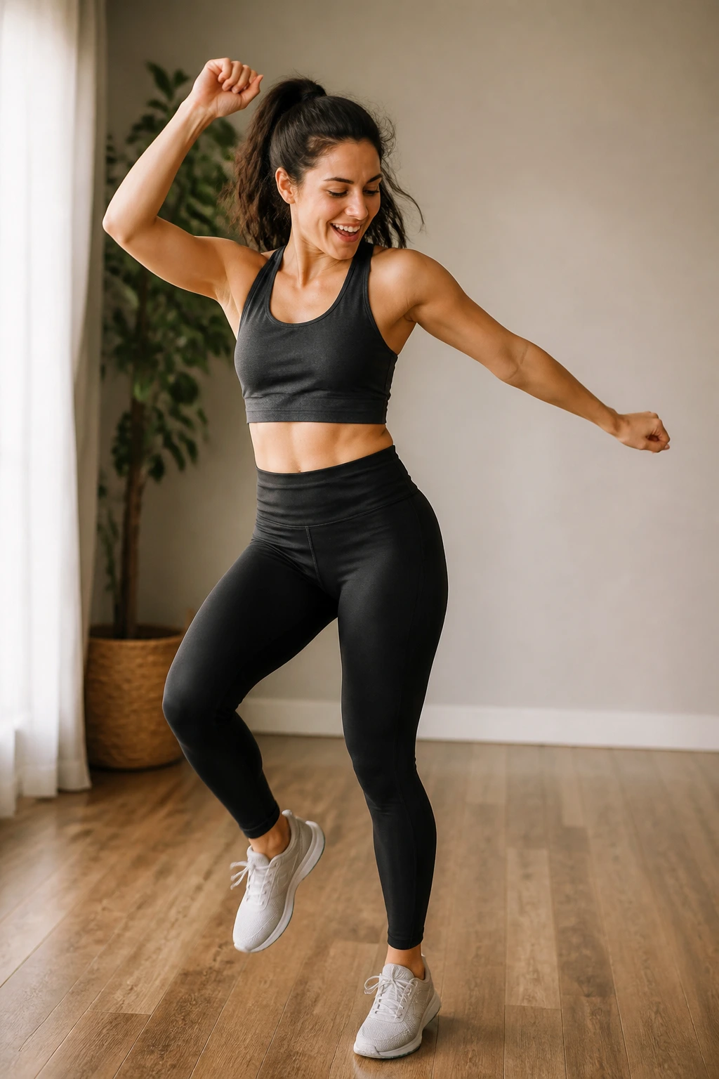 Medium shot of a real woman dancing to a song indoors for cardio