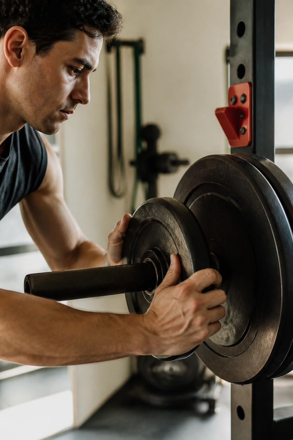 Close-up of a real person adjusting a single weight on a barbell in a home gym to illustrate one-variable-at-a-time adjustments.