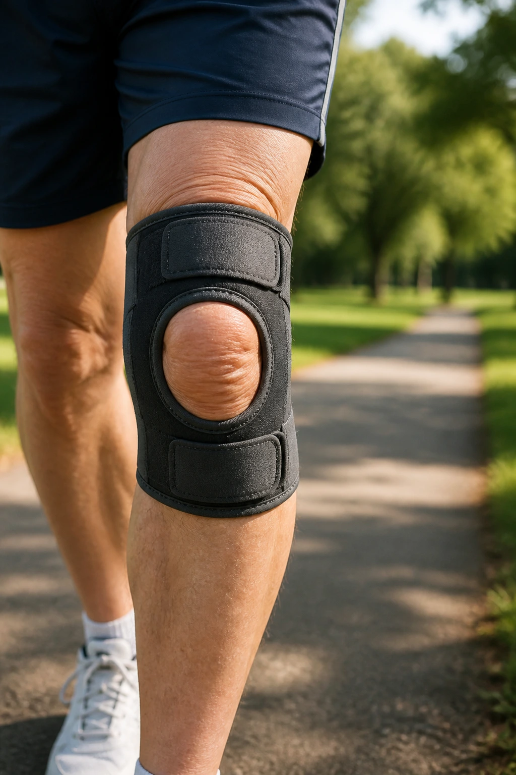 Knee with osteoarthritis in a park setting during a walk.