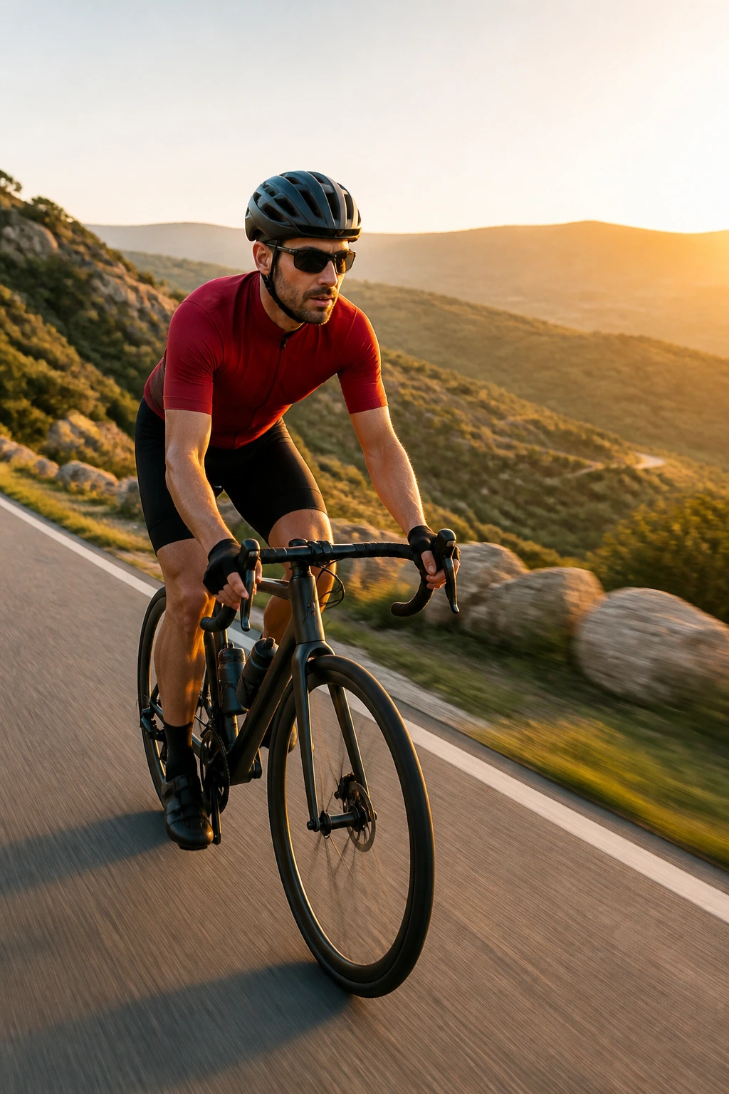 Real person cycling outdoors on scenic road