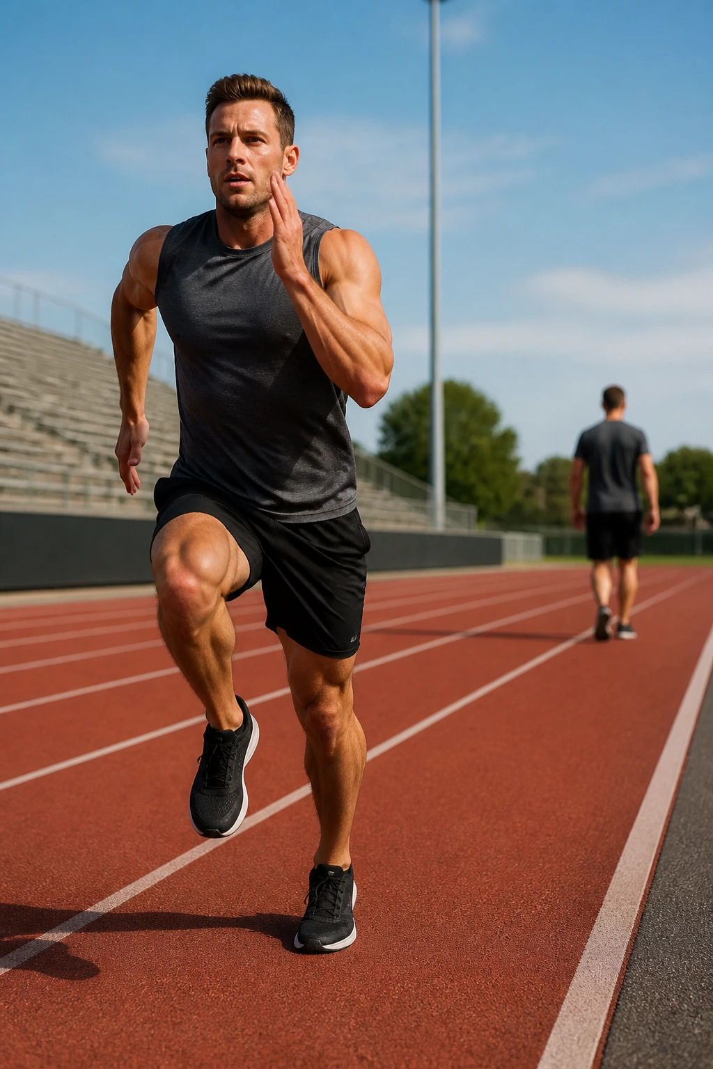 Runner sprinting on an outdoor track with a walking interval visible
