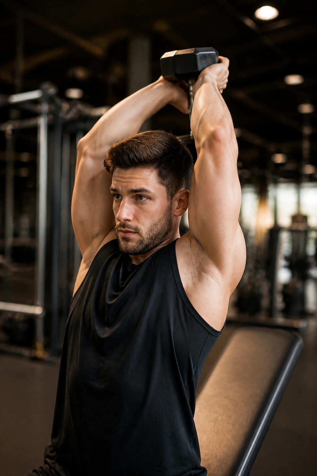 Person performing overhead dumbbell extensions with a single dumbbell