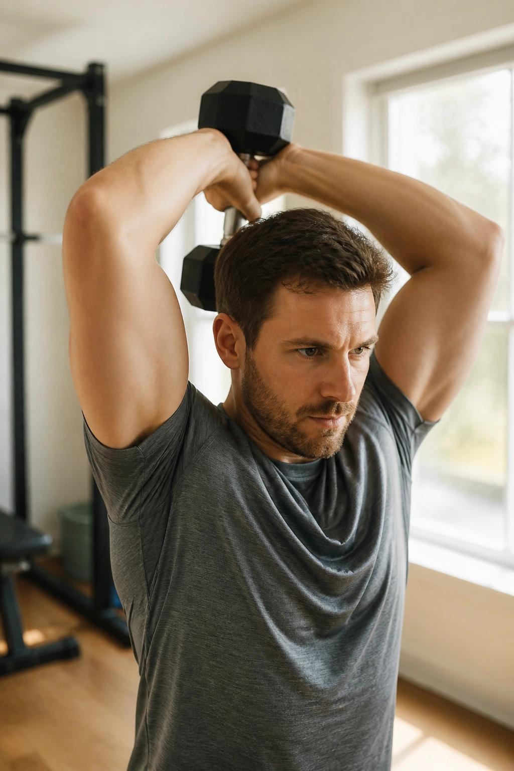 Medium close-up of a person performing overhead triceps extensions with a dumbbell