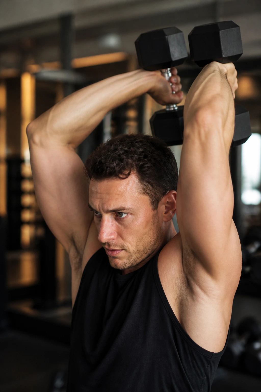 Close-up of a person performing overhead dumbbell triceps extension with elbows forward.