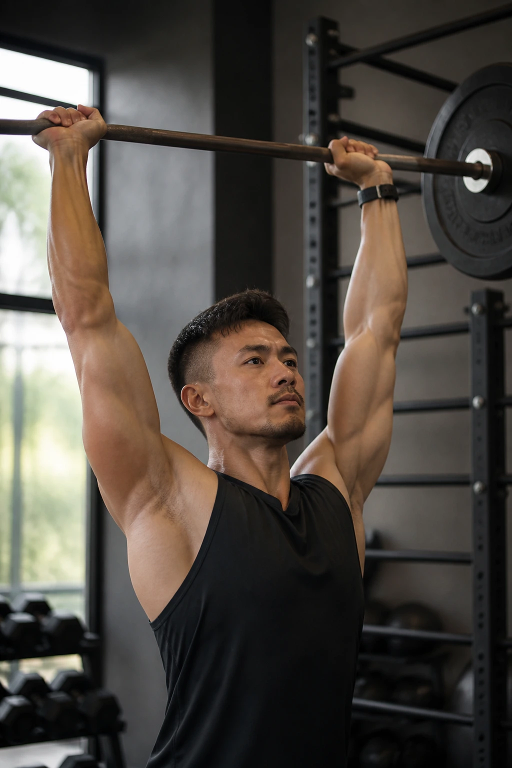 Lifter performing standing overhead press with chin-up bar in background