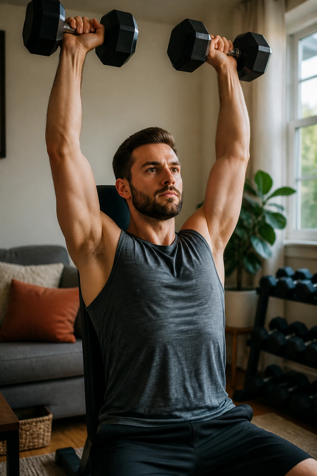 Close-up of a person performing overhead press in a home gym setting