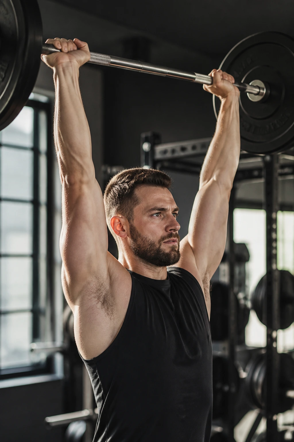 Lifter performing strict overhead press in gym