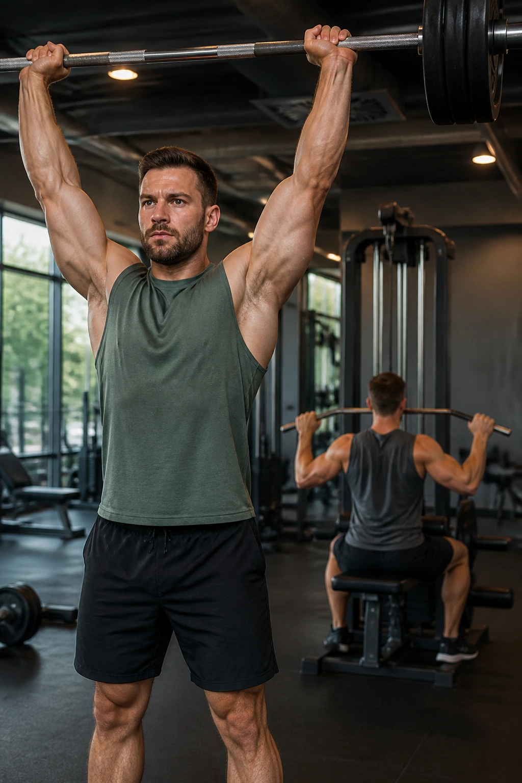 Lifter performing standing overhead press with lat pulldown visible in gym