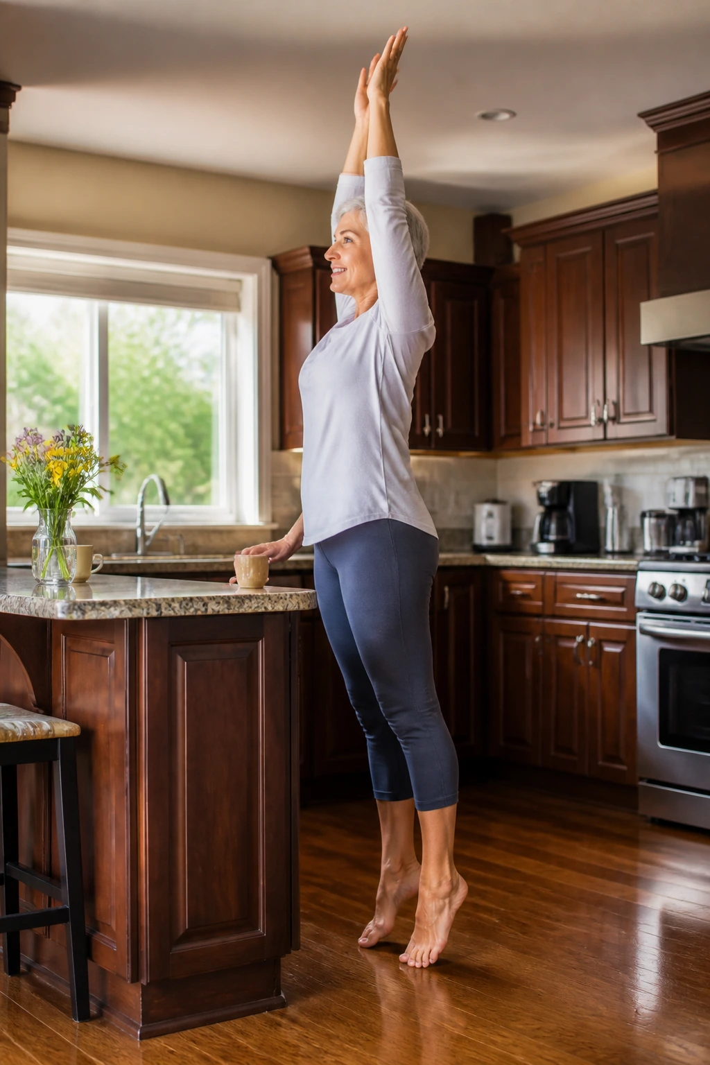 Person performing overhead reach with heel lift near a kitchen counter