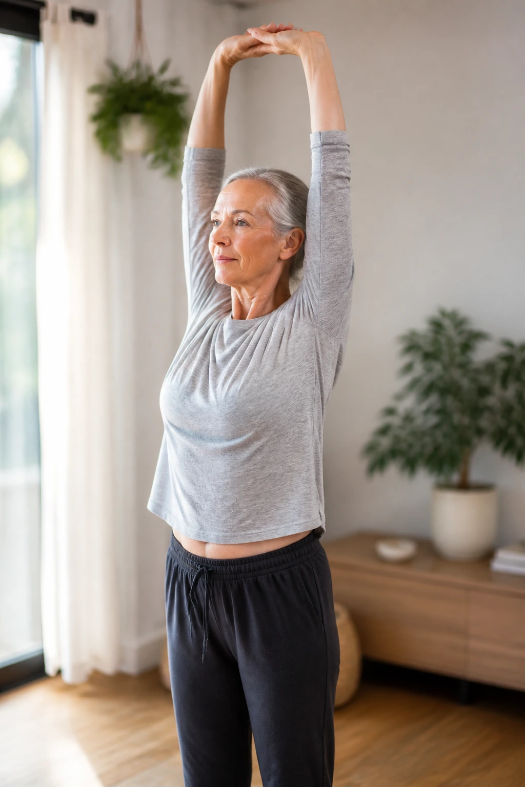 Overhead Reach stretch with real person in a home setting